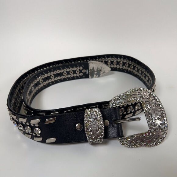 Vintage 90s Grunge Black Leather Chunky Festival Indie Hippie Rhinestone Belt /L main image 5